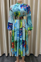 Vestido de corte A de manga larga con estampado verde